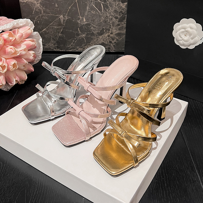 2024 Summer New Square Toe Sweet Vacation Bow High Heel Slippers for Women - Image 3