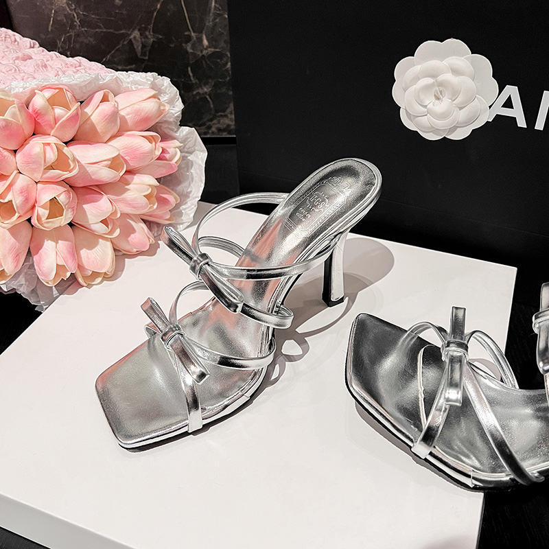 2024 Summer New Square Toe Sweet Vacation Bow High Heel Slippers for Women - Image 5