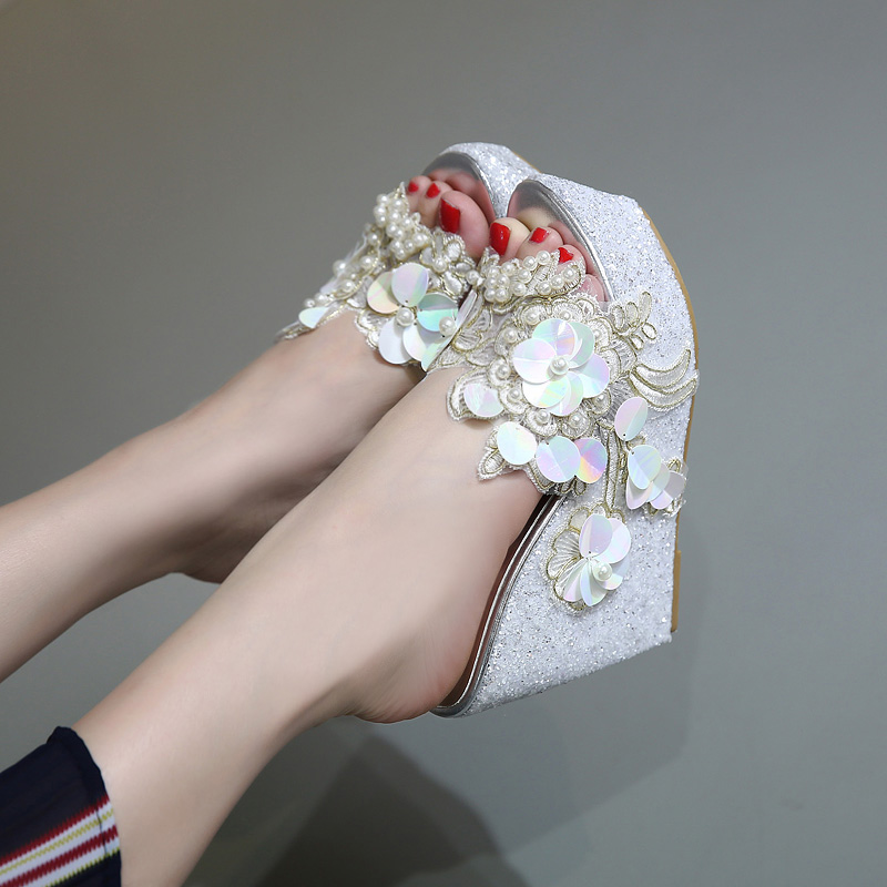 2025 New Fashion Flower Rhinestone Beaded Wedge Slippers for Women 34-42