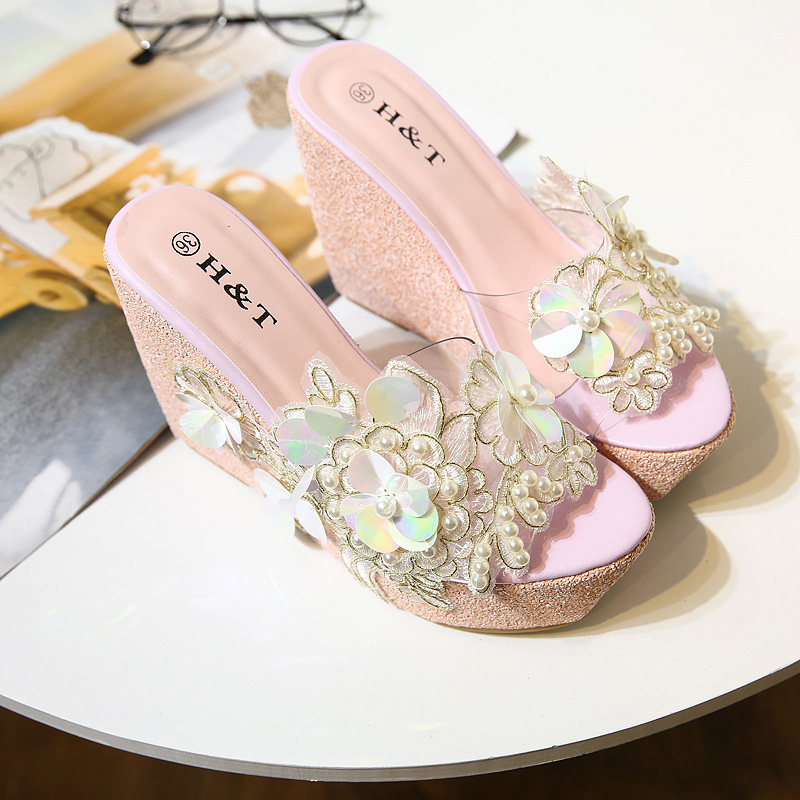 2025 New Fashion Flower Rhinestone Beaded Wedge Slippers for Women 34-42 - Image 3