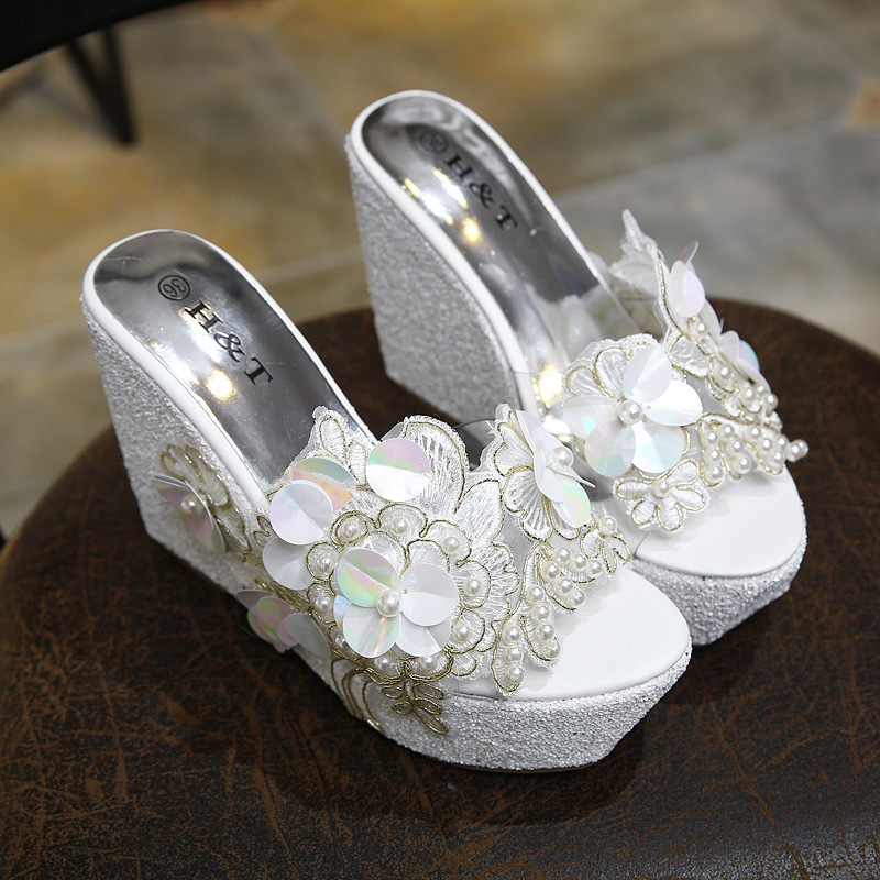 2025 New Fashion Flower Rhinestone Beaded Wedge Slippers for Women 34-42 - Image 5