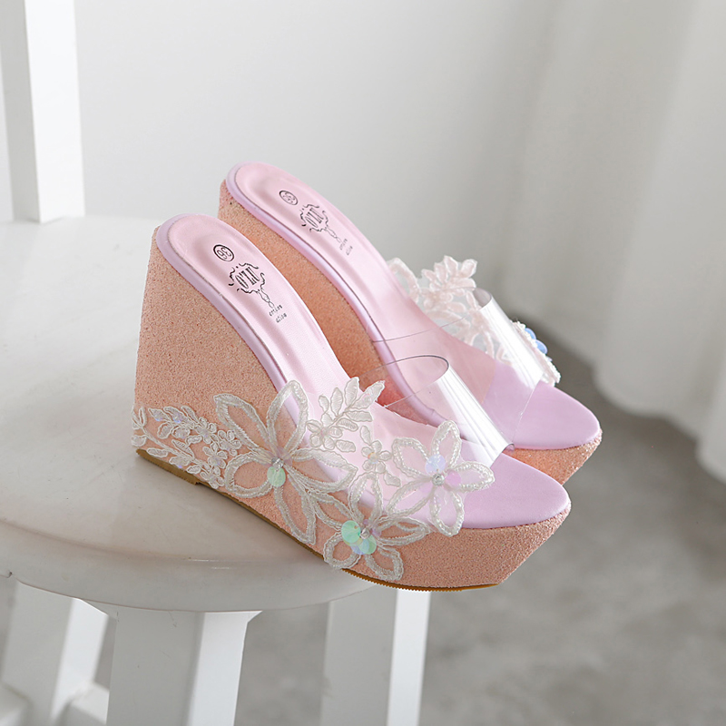 2025 New Summer Beach Fashion Wedge Rhinestone Lace High Heel Slippers 34-42