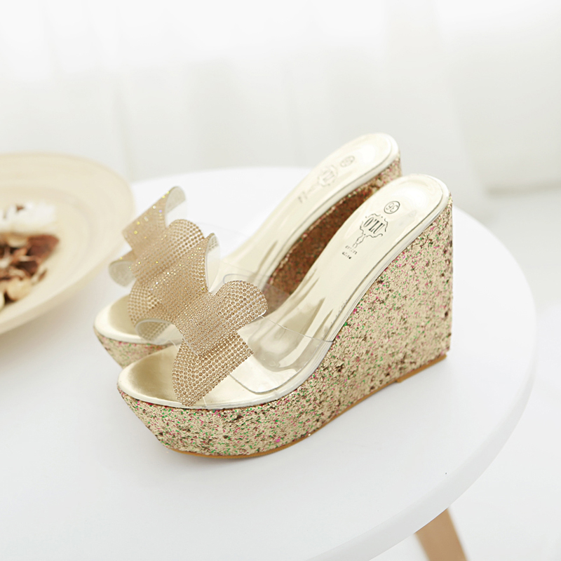 2025 Summer New Rhinestone Bow Transparent Wedge Thick Sole High Heel Women's Slippers