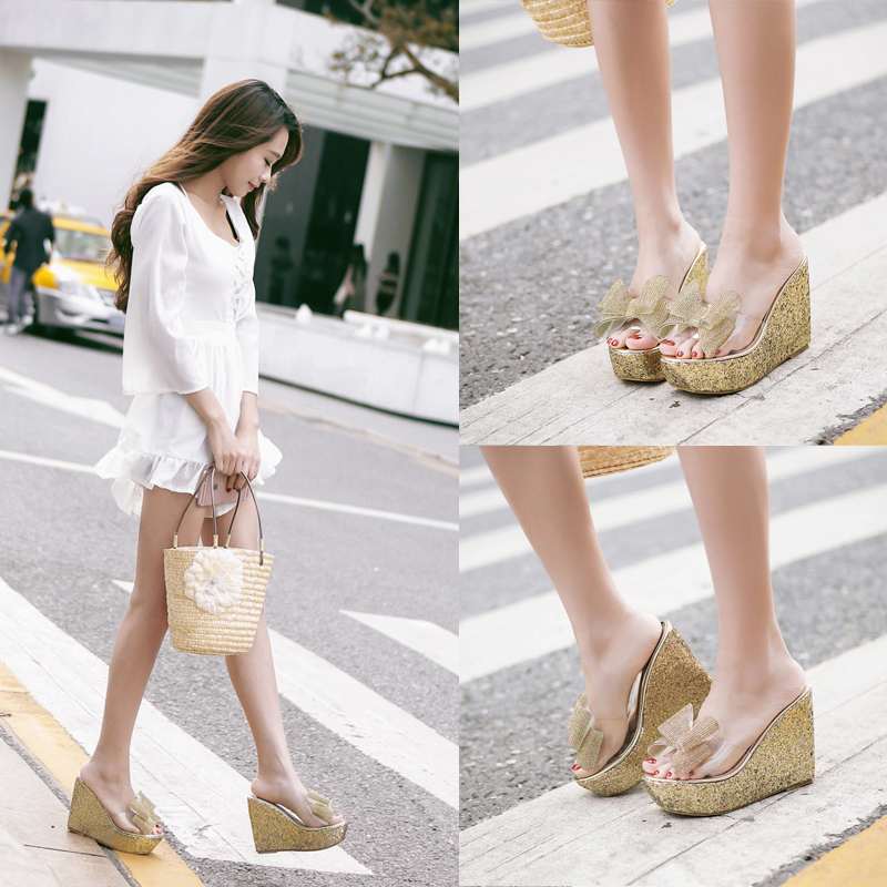 2025 Summer New Rhinestone Bow Transparent Wedge Thick Sole High Heel Women's Slippers - Image 3