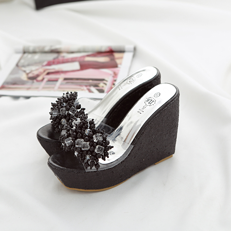 2025 Summer New Transparent Rhinestone Beaded Platform Wedge High Heel Slippers 34-42 - Image 4