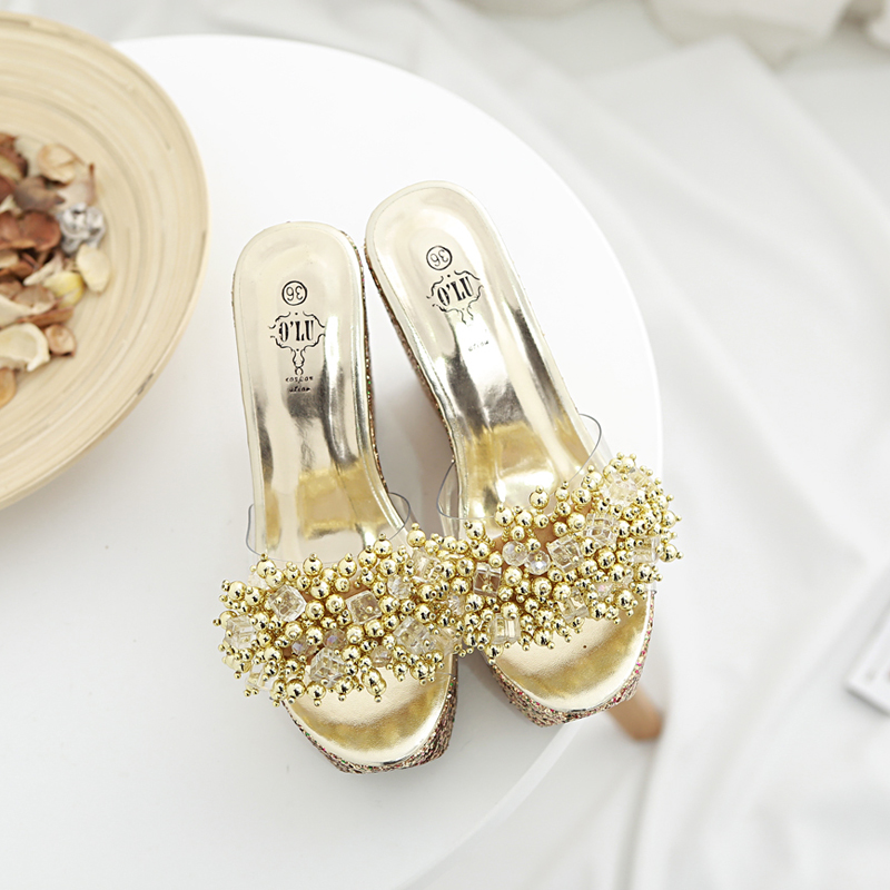 2025 Summer New Transparent Rhinestone Beaded Platform Wedge High Heel Slippers 34-42 - Image 5
