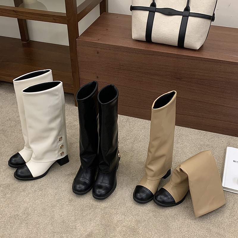 2026 Autumn Winter Fashion Color Block High Boots Simple Versatile Round Toe Wide Shaft Boots Elegant Pull On Women Boots