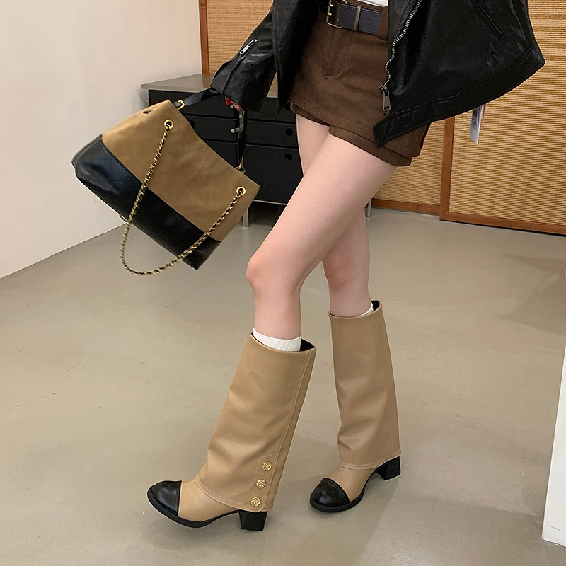 2026 Autumn Winter Fashion Color Block High Boots Simple Versatile Round Toe Wide Shaft Boots Elegant Pull On Women Boots - Image 2