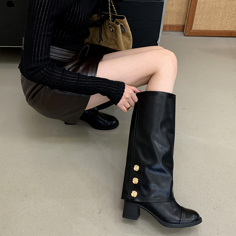 2026 Autumn Winter Fashion Color Block High Boots Simple Versatile Round Toe Wide Shaft Boots Elegant Pull On Women Boots - Image 4