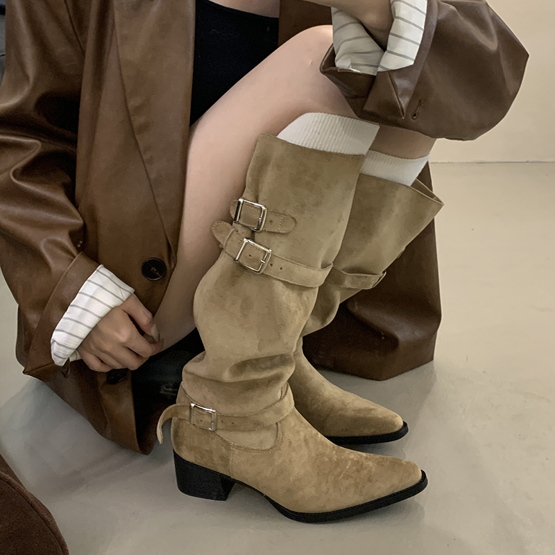 2026 Autumn Winter Pointed Toe Belt Buckle Knight Boots Comfortable Chunky Heel Pull On Tall Boots Fashion Wide Calf Boots for Women