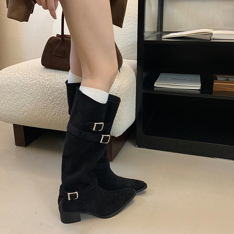 2026 Autumn Winter Pointed Toe Belt Buckle Knight Boots Comfortable Chunky Heel Pull On Tall Boots Fashion Wide Calf Boots for Women - Image 2