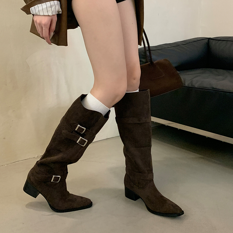 2026 Autumn Winter Pointed Toe Belt Buckle Knight Boots Comfortable Chunky Heel Pull On Tall Boots Fashion Wide Calf Boots for Women - Image 3