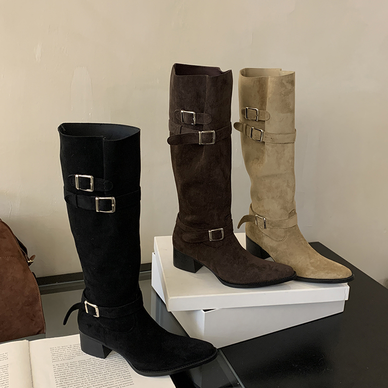 2026 Autumn Winter Pointed Toe Belt Buckle Knight Boots Comfortable Chunky Heel Pull On Tall Boots Fashion Wide Calf Boots for Women - Image 4