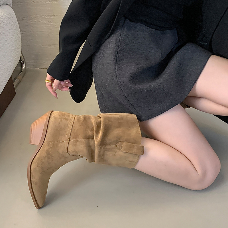 2026 Autumn Winter Solid Color Stacked Heel Riding Boots Comfortable Chunky Heel Short Boots Fashion Pointed Toe Suede Boots for Women - Image 2