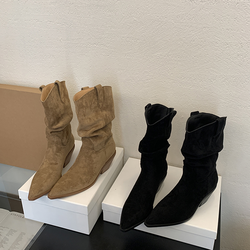 2026 Autumn Winter Solid Color Stacked Heel Riding Boots Comfortable Chunky Heel Short Boots Fashion Pointed Toe Suede Boots for Women - Image 4