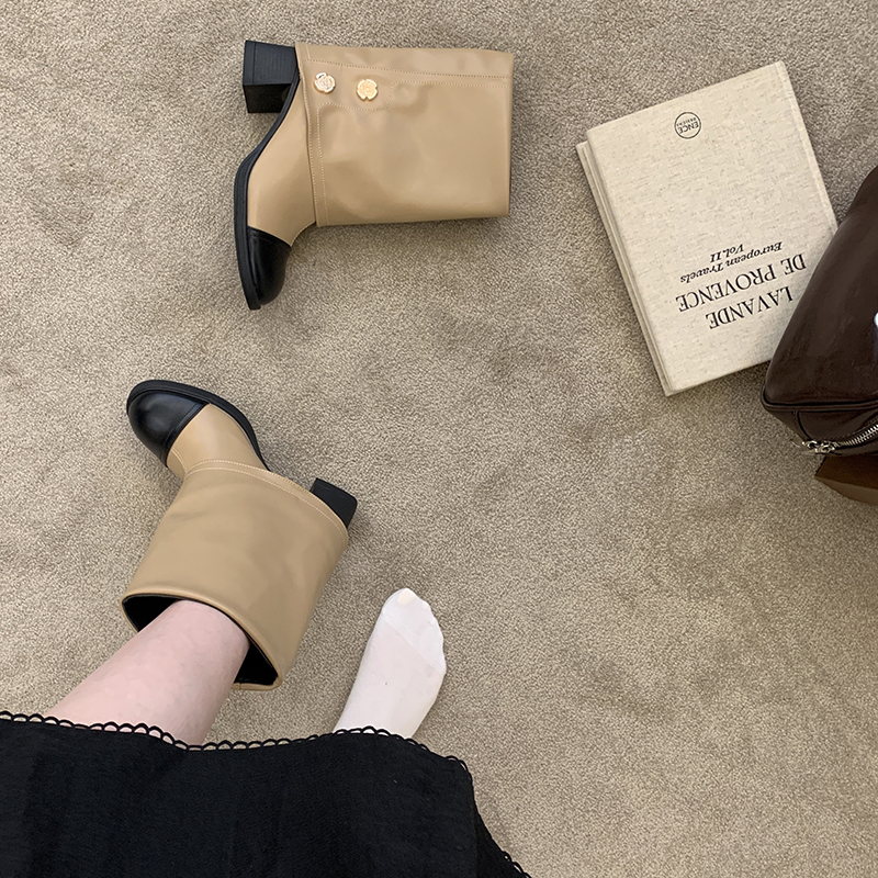 2026 Autumn Winter Women's Round Toe Color Block Ankle Boots Comfortable Chunky Heel Pull On Short Boots Fashion Versatile Wide Calf Boots - Image 2