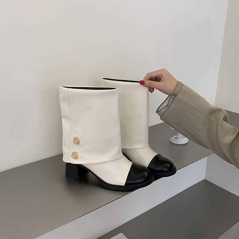 2026 Autumn Winter Women's Round Toe Color Block Ankle Boots Comfortable Chunky Heel Pull On Short Boots Fashion Versatile Wide Calf Boots - Image 3