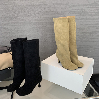 2026 Fashion High Heel Tall Boots for Women Commuter Solid Color Pull-On Round Toe Wide Calf Boots