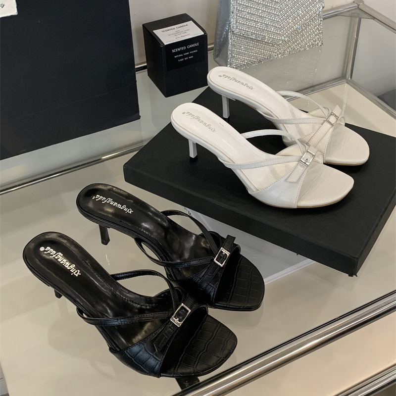 2026 New Buckle Strap Thin Heel Open Toe Sandals Black Fashion High Heel Slippers Summer Women Shoes