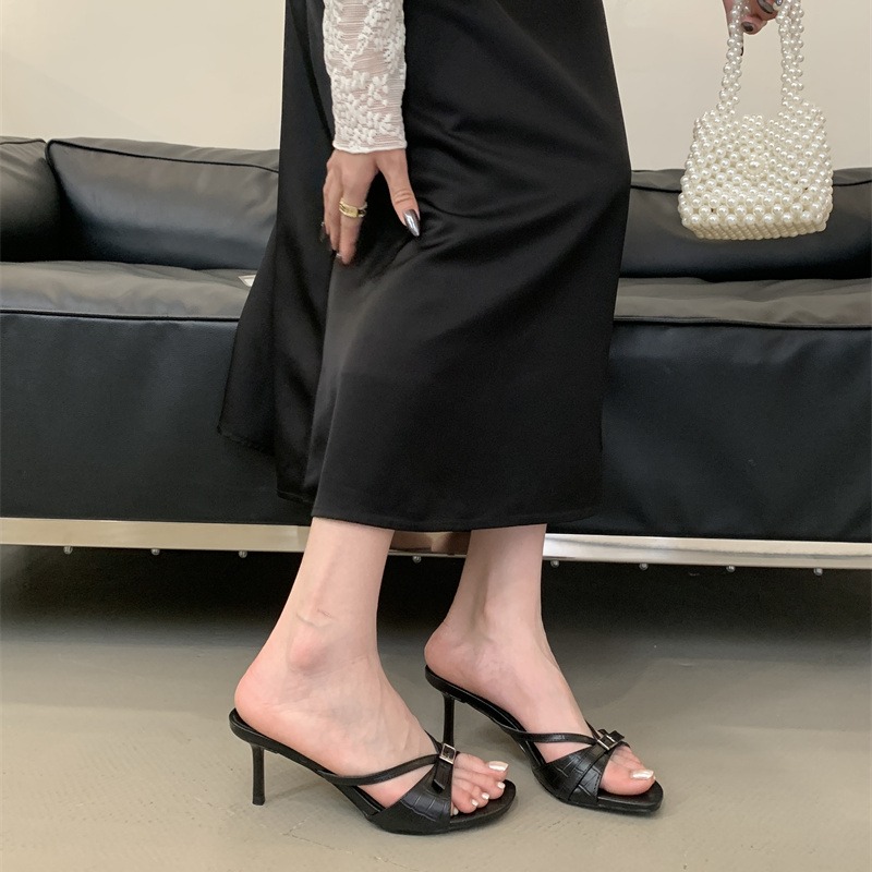 2026 New Buckle Strap Thin Heel Open Toe Sandals Black Fashion High Heel Slippers Summer Women Shoes - Image 2