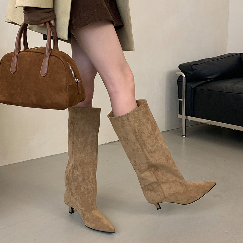 2026 New French Style Low Heel Pointed Toe High Boots Comfortable Solid Color Wide Calf Boots - Image 2