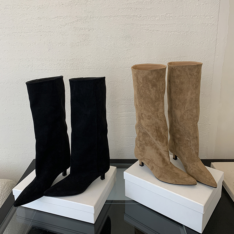 2026 New French Style Low Heel Pointed Toe High Boots Comfortable Solid Color Wide Calf Boots - Image 3