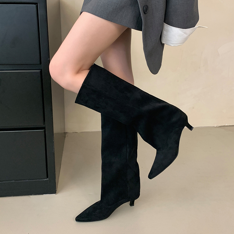 2026 New French Style Low Heel Pointed Toe High Boots Comfortable Solid Color Wide Calf Boots - Image 4