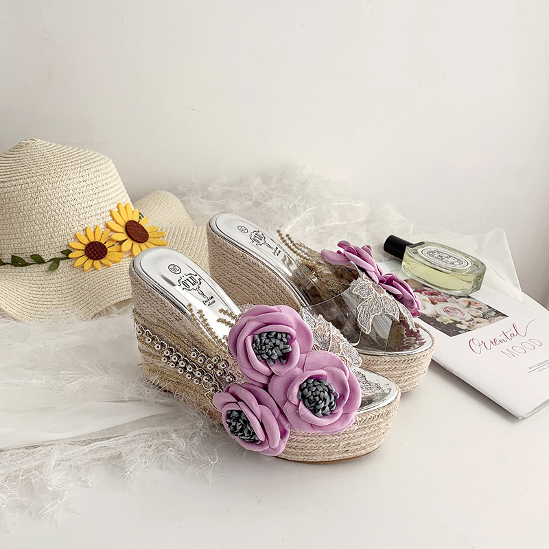 2026 New Summer Beach Sweet Flower Wedge Heel Platform Slippers 34-42