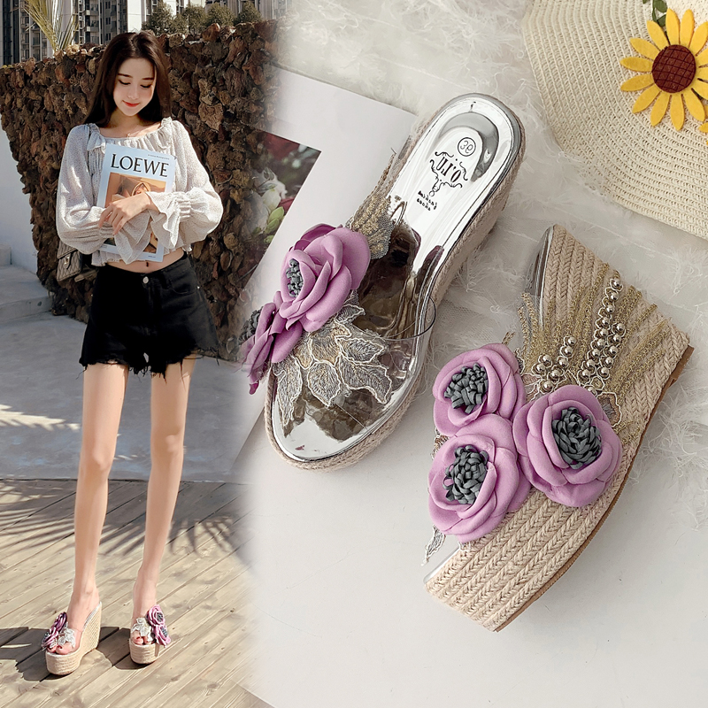 2026 New Summer Beach Sweet Flower Wedge Heel Platform Slippers 34-42 - Image 4