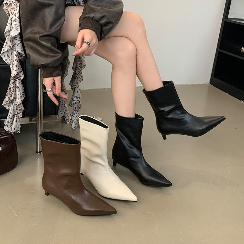 European American Style Minimalist Pointed Toe Ankle Boots Fashion Commute Solid Color Low Heel Slip-on Boots