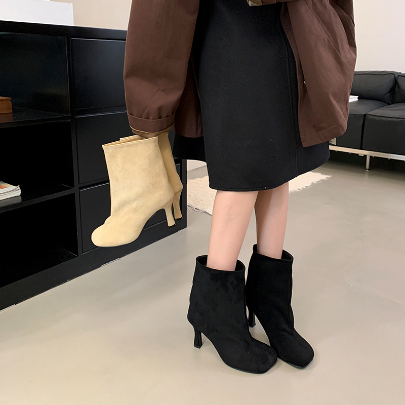 European American Style Minimalist Round Toe High Heel Ankle Boots Commuter Versatile Solid Color Pull-on Boots 2026 Autumn Winter