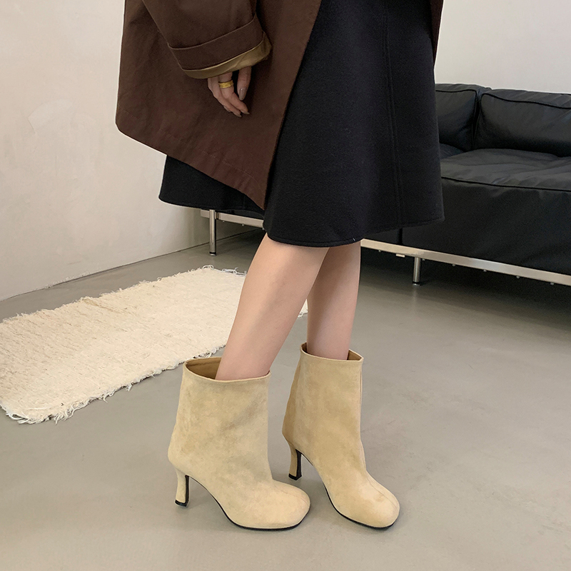 European American Style Minimalist Round Toe High Heel Ankle Boots Commuter Versatile Solid Color Pull-on Boots 2026 Autumn Winter - Image 3