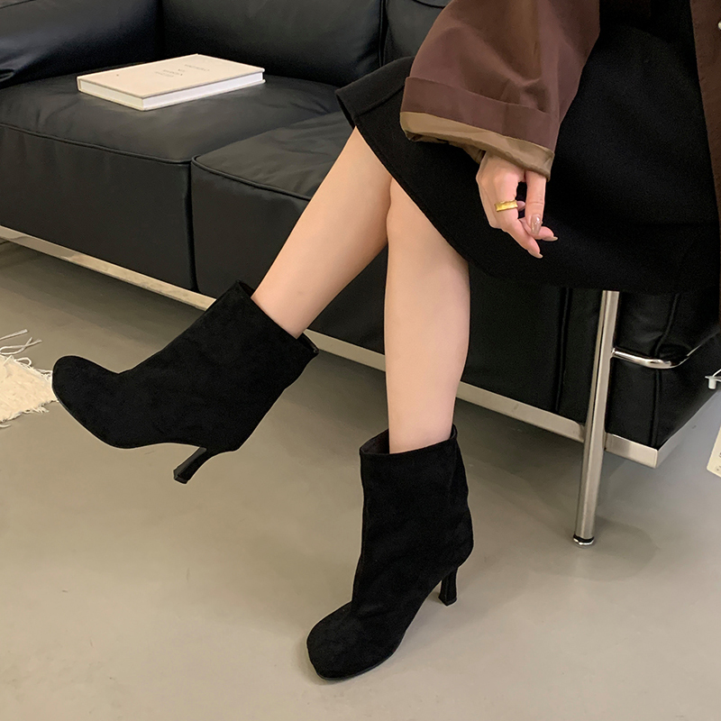European American Style Minimalist Round Toe High Heel Ankle Boots Commuter Versatile Solid Color Pull-on Boots 2026 Autumn Winter - Image 4