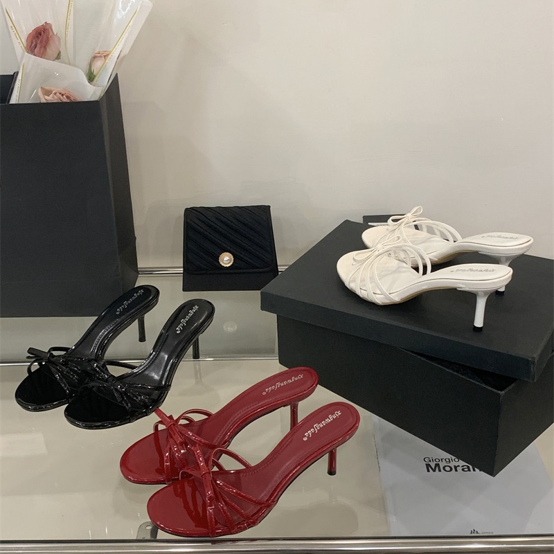 New Bow White Open Toe Slippers Women's Thin Heel High Heels Summer Comfortable