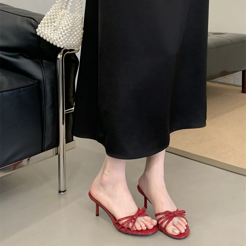 New Bow White Open Toe Slippers Women's Thin Heel High Heels Summer Comfortable - Image 2