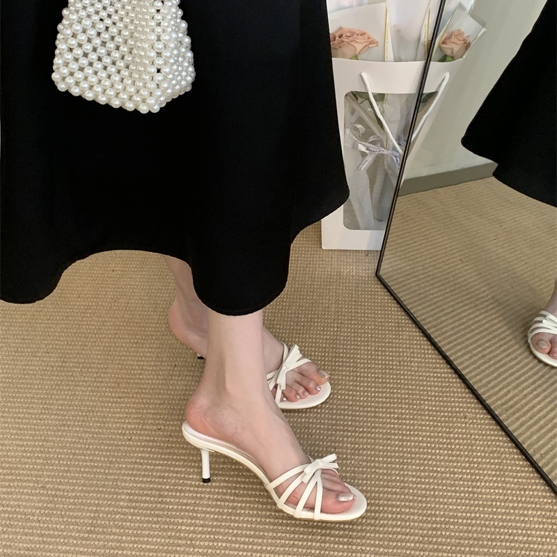 New Bow White Open Toe Slippers Women's Thin Heel High Heels Summer Comfortable - Image 4