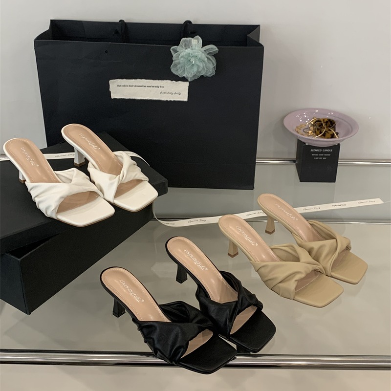 New Ultra-Soft Sheepskin French Slippers Sandals for Women Summer Fashion Pleated Open Toe High Heel Thin Heel One-Band