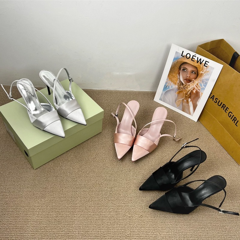 Satin Fairy Shoes Silk Thin Heel High Heel Open Toe Sandals Women One-Strap Pointed Toe Half Slippers Summer