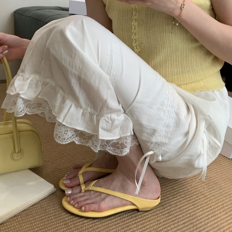 Sheepskin French Style Minimalist Thin Strap Pointed Round Toe Toe-Loop Chunky Heel Sandals for Women Summer Versatile - Image 3