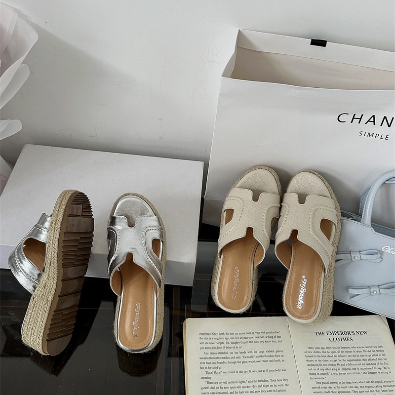 Sheepskin Zhao Lusi Style One-Strap Flat Sandals for Women Summer Woven Wedge Thick Sole High Heel Sandals