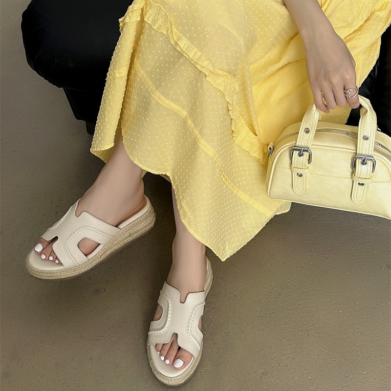 Sheepskin Zhao Lusi Style One-Strap Flat Sandals for Women Summer Woven Wedge Thick Sole High Heel Sandals - Image 2