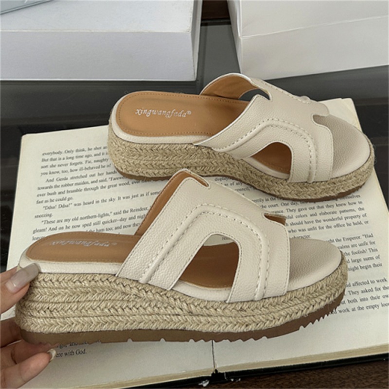 Sheepskin Zhao Lusi Style One-Strap Flat Sandals for Women Summer Woven Wedge Thick Sole High Heel Sandals - Image 5