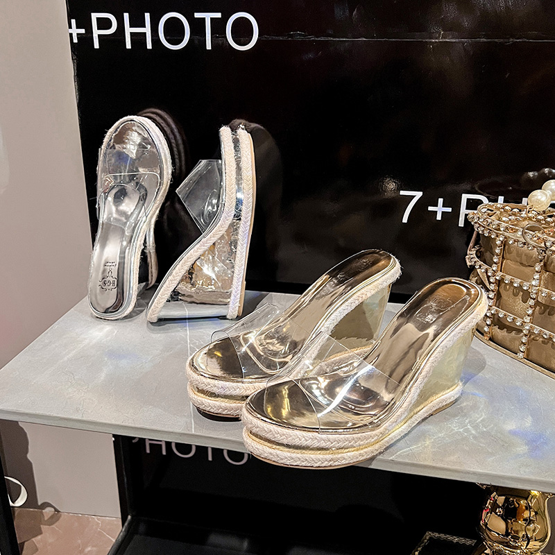 Summer New High Heel Wedge Slippers for Women Transparent Sandals Metal Platform Thick Sole Beach Shoes - Style c935fc - Image 3