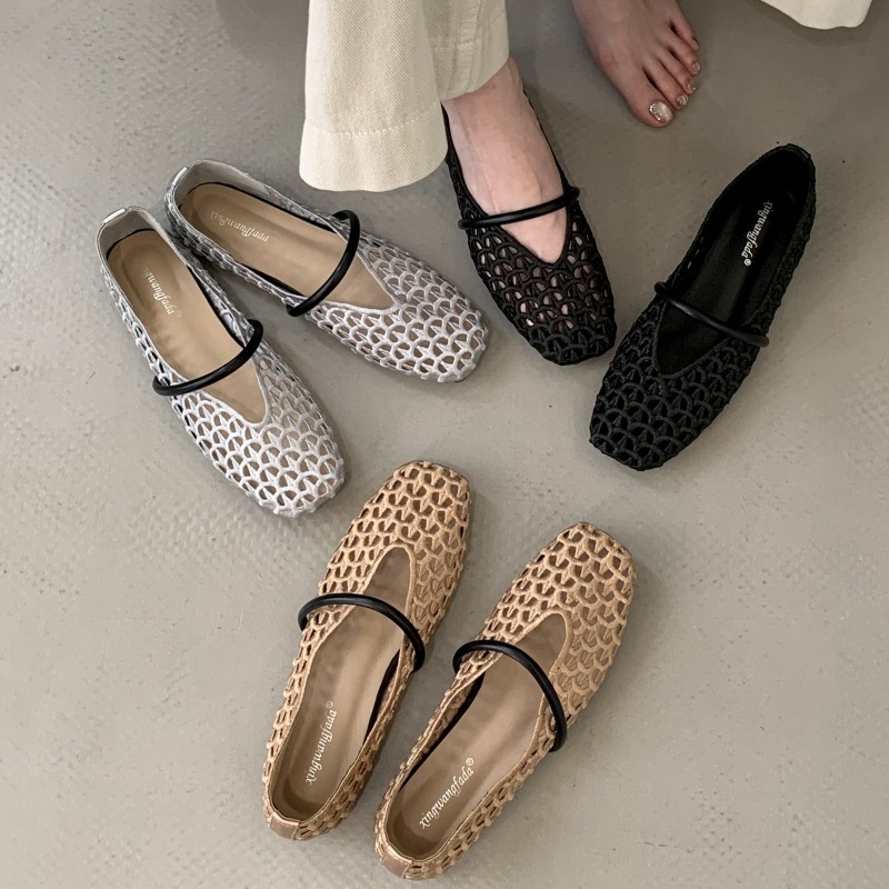 Women's Hollow Out Flat Mary Jane Sandals 2026 New Style Nude Woven Breathable Fishnet Mesh Square Toe Summer Shoes