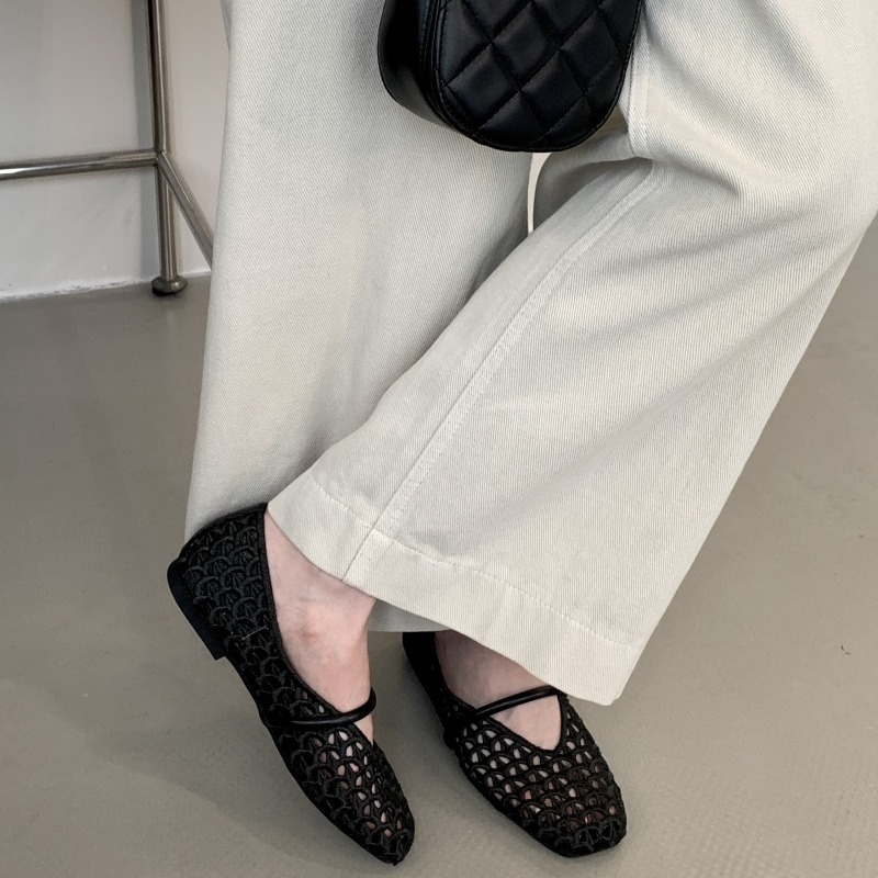 Women's Hollow Out Flat Mary Jane Sandals 2026 New Style Nude Woven Breathable Fishnet Mesh Square Toe Summer Shoes - Image 2