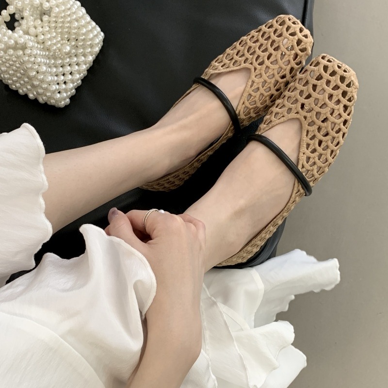 Women's Hollow Out Flat Mary Jane Sandals 2026 New Style Nude Woven Breathable Fishnet Mesh Square Toe Summer Shoes - Image 3