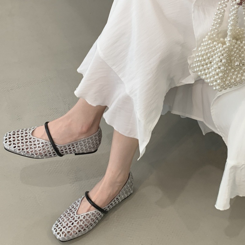 Women's Hollow Out Flat Mary Jane Sandals 2026 New Style Nude Woven Breathable Fishnet Mesh Square Toe Summer Shoes - Image 4