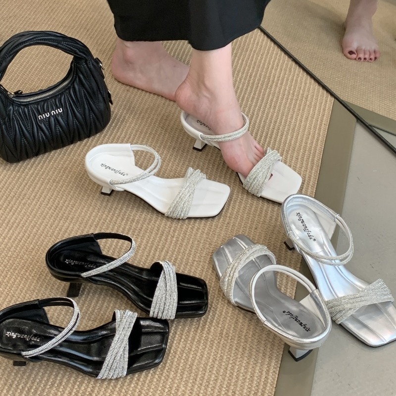 Women's Rhinestone Chunky Heel Sandals with Strappy Ankle Strap, Square Toe, Open Toe, Multi-Season
