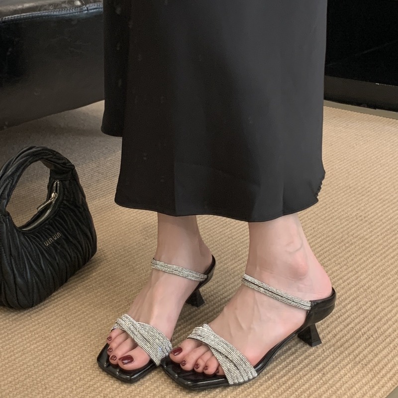 Women's Rhinestone Chunky Heel Sandals with Strappy Ankle Strap, Square Toe, Open Toe, Multi-Season - Image 3