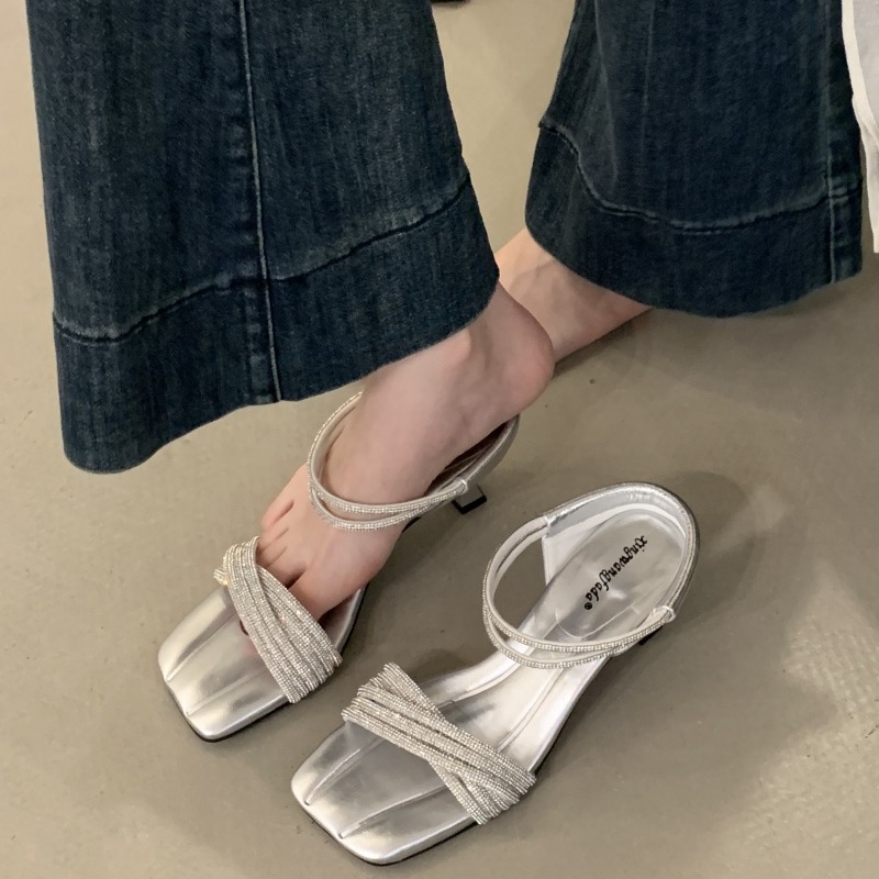 Women's Rhinestone Chunky Heel Sandals with Strappy Ankle Strap, Square Toe, Open Toe, Multi-Season - Image 4